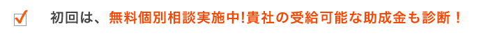 初回は、無料個別相談実施中!貴社の受給可能な助成金も診断!